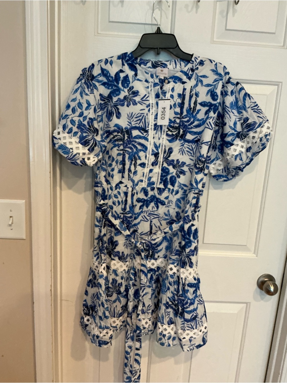 Blue and White Floral Mini Dress with Lace Trim